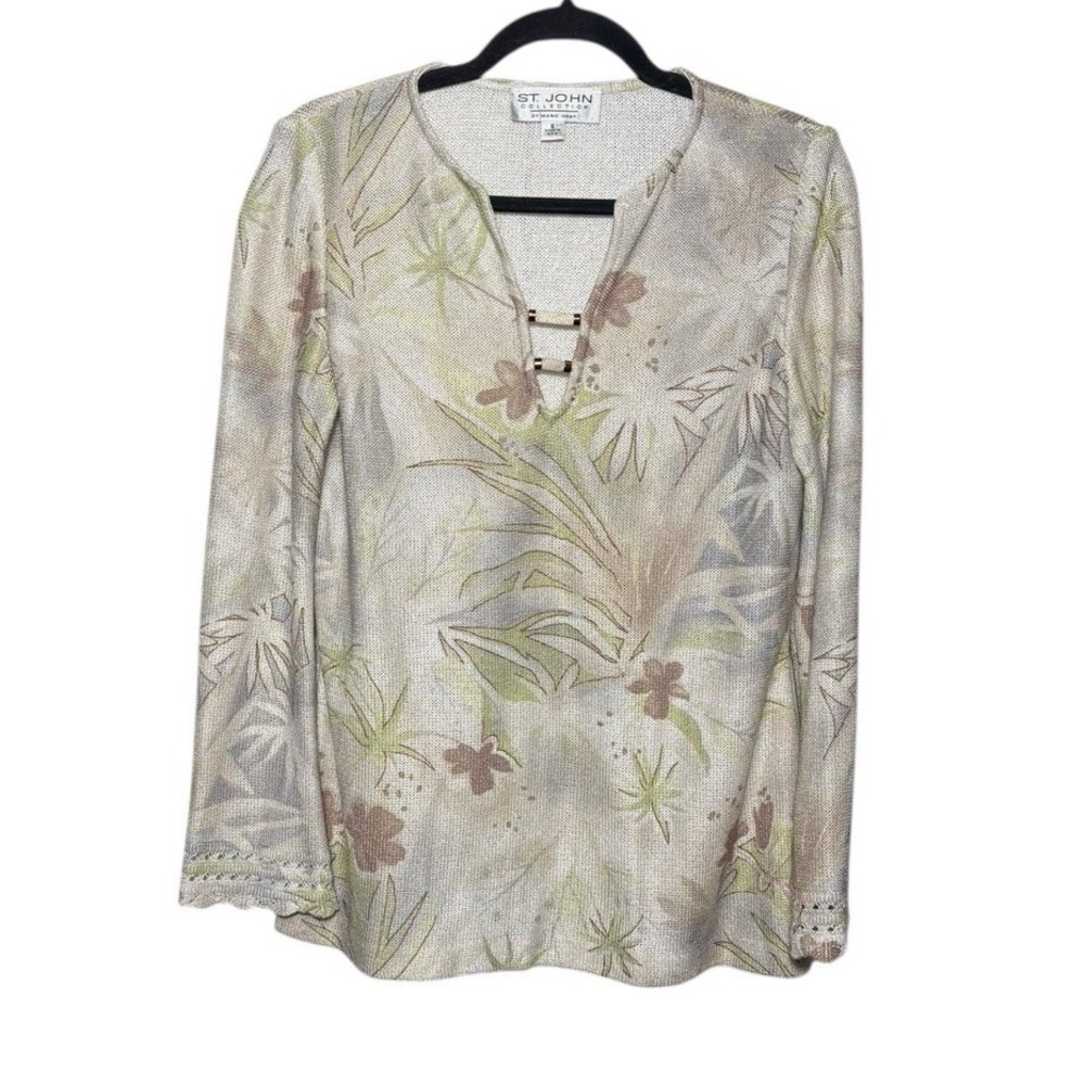 St. John Collection Spring 04 Metallic Scalloped Sweater Size 6 Vintage Floral